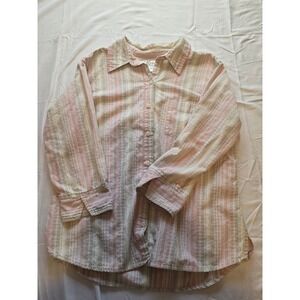 Dressbarn Womens Button Down‎ Shirt Pink Beige Striped Long Sleeve Cotton Large